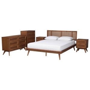 Nura Walnut Brown Finished Wood and Rattan Full Size 5-Piece Bedroom Set