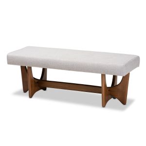 Theo Mid-Century Modern Greyish Beige Fabric Upholstered Walnut Finished Bench