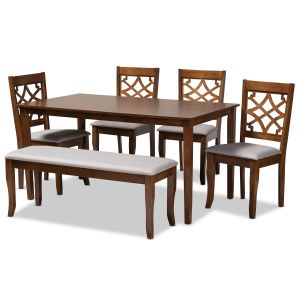 Dori Modern and Contemporary Grey Fabric Upholstered and Walnut Brown Finished Wood 6-Piece Dining Set