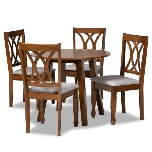 Leon Modern and Contemporary Grey Fabric Upholstered and Walnut Brown Finished Wood 5-Piece Dining Set
