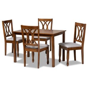 Sefa Modern and Contemporary Grey Fabric Upholstered and Walnut Brown Finished Wood 5-Piece Dining Set