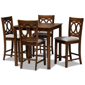 Lenoir Modern and Contemporary Grey Fabric Upholstered Walnut Brown Finished 5-Piece Wood Pub Set
