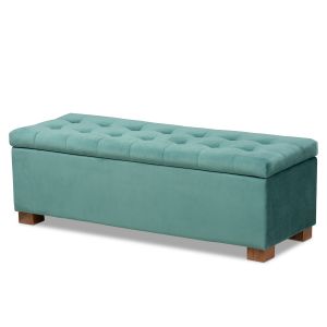 Roanoke Modern and Contemporary Teal Blue Velvet Fabric Upholstered Grid-Tufted Storage Ottoman Bench