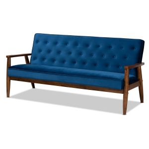 Sorrento Mid-century Modern Navy Blue Velvet Fabric Upholstered Walnut Finished Wooden 3-seater Sofa