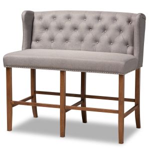 Alira Modern and Contemporary Grey Fabric Upholstered Walnut Finished Wood Button Tufted Bar Stool Bench