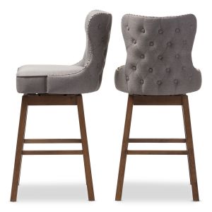 Gradisca Modern and Contemporary Brown Wood Finishing and Grey Fabric Button-Tufted Upholstered Swivel Barstool