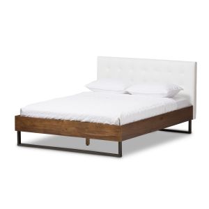 Mitchell Rustic Industrial Walnut Wood White Faux Leather Dark Bronze Metal Queen Size Platform Bed