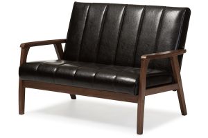 Nikko Mid-century Modern Scandinavian Style Dark Brown Faux Leather Wooden 2-Seater Loveseat
