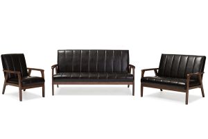 Nikko Mid-century Modern Scandinavian Style Dark Brown Faux Leather 3 Pieces Living Room Sets