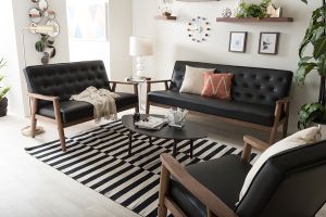 Sorrento Mid-century Retro Modern Black Faux Leather Upholstered Wooden 3 Piece Living room Set