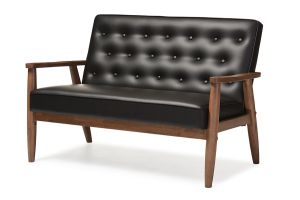Sorrento Mid-century Retro Modern Black Faux Leather Upholstered Wooden 2-seater Loveseat