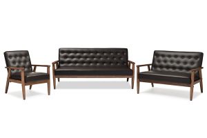 Sorrento Mid-century Retro Modern Brown Faux Leather Upholstered Wooden 3 Piece Living room Set