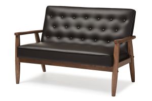 Sorrento Mid-century Retro Modern Brown Faux Leather Upholstered Wooden 2-seater Loveseat