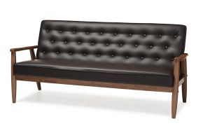 Sorrento Mid-century Retro Modern Brown Faux Leather Upholstered Wooden 3-seater Sofa