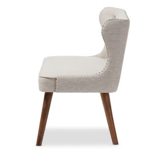 Scarlett Mid-Century Modern Brown Wood and Light Beige Fabric Upholstered Button-Tufting with Nail Heads Trim 2-Seater Loveseat Settee
