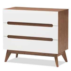 Calypso Mid-Century Modern White and Walnut Wood 3-Drawer Storage Chest