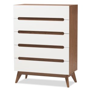 Calypso Mid-Century Modern White and Walnut Wood 5-Drawer Storage Chest