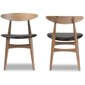 Edna Mid-Century Modern French Black Faux Leather and "Oak" Light Brown Finishing Wood 5-Peice Dining Set