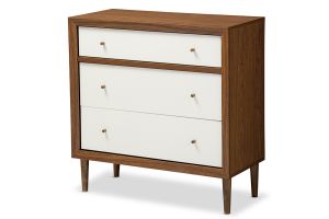 Harlow Mid-century Modern Scandinavian Style White and Walnut Wood 3-drawer Chest