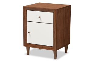 Harlow Mid-century Modern Scandinavian Style White and Walnut Wood 1-drawer and 1-door Nightstand