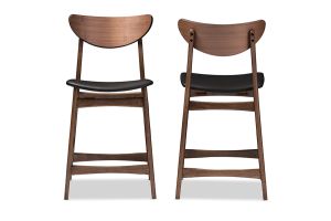 Latina Mid-century Retro Modern Scandinavian Style Black Faux Leather Upholstered Walnut Wood Finishing 24-Inches Counter Stool (Set of 2)