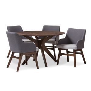 Monte Mid-Century Modern Walnut Wood Round 5-Piece Dining Set