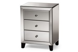 Chevron Modern and Contemporary Hollywood Regency Glamour Style Mirrored 3-Drawers Nightstand Bedside Table