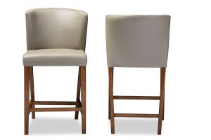 Olivia Mid-century Modern Scandinavian Style Dark Walnut Wood Grey Faux Leather Pub Stool (Set of 2)