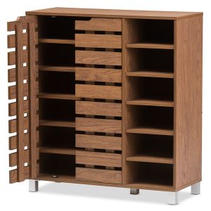Shirley Modern and Contemporary "Walnut" Medium Brown Wood 2-Door Shoe Cabinet with Open Shelves