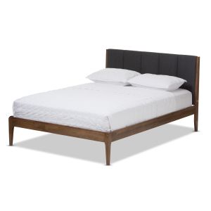 Ember Mid-Century Dark Grey Fabric and Medium Brown Finish Wood King Size Platform Bed