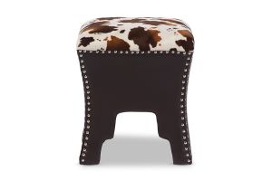 Sally Modern and Contemporary Cow-print Patterned Fabric Brown Faux Leather Upholstered Accent Stool with Nail heads