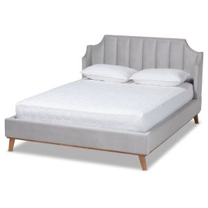 Adelie Modern Glam Light Grey Velvet Fabric Upholstered Walnut Brown Finished Wood King Size Wingback Platform Bed 