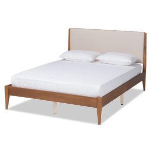 Lenora Mid-Century Modern Beige Fabric Upholstered and Walnut Brown Finished Wood Queen Size Platform Bed