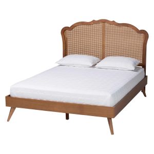 Aithan Mid-Century Walnut Brown Wood and Rattan King Size Platform Bed