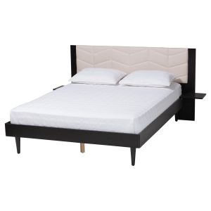 Adriano Beige Fabric and Black Wood Queen Size Bed with Built-In Side Tables