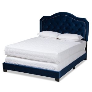 Samantha Modern and Contemporary Navy Blue Velvet Fabric Upholstered Queen Size Button Tufted Bed