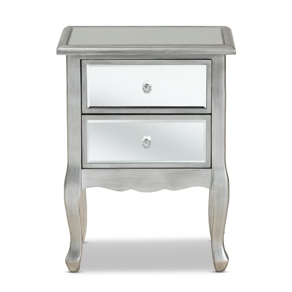 Leonie Modern Transitional French Brushed Silver Finished Wood and Mirrored Glass 2-Drawer Nightstand