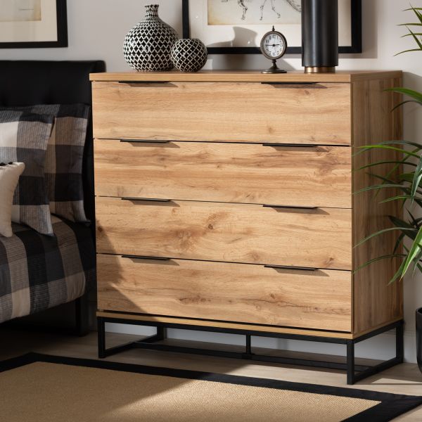 Reid Modern and Contemporary Industrial Oak Finished Wood and Black Metal 4-Drawer Dresser Reid Modern and Contemporary Industrial Oak Finished Wood and Black Metal 4-Drawer Dresser