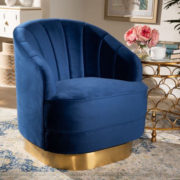 Fiore Glam and Luxe Royal Blue Velvet Fabric Upholstered Brushed Gold Finished Swivel Accent Chair
