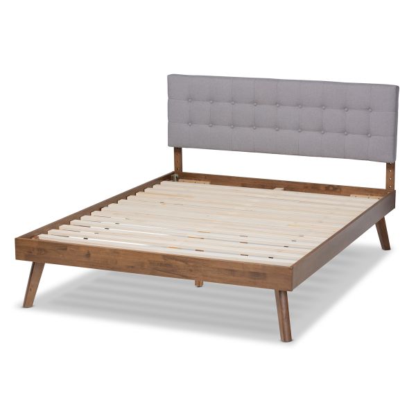 Devan Mid-Century Modern Light Grey Fabric Upholstered Walnut Brown Finished Wood Queen Size Platform Bed