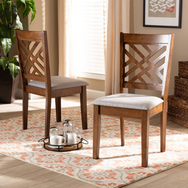 Caron Modern and Contemporary Grey Fabric Upholstered and Walnut Brown Finished Wood 2-Piece Dining Chair Set