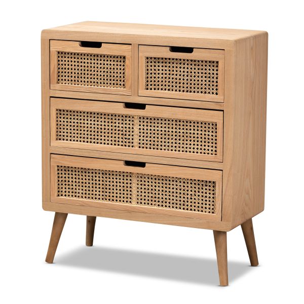 Alina Mid-Century Modern Medium Oak Finished Wood and Rattan 4-Drawer Accent Storage Cabinet