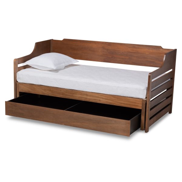 Jameson Modern and Transitional Walnut Brown Finished Expandable Twin Size to King Size Daybed with Storage Drawer