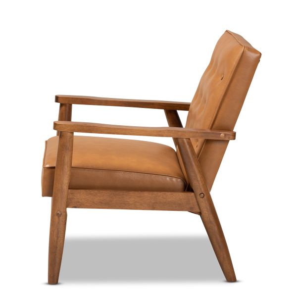 Sorrento Mid-Century Modern Tan Faux Leather Upholstered and Walnut Brown Finished Wood Lounge Chair