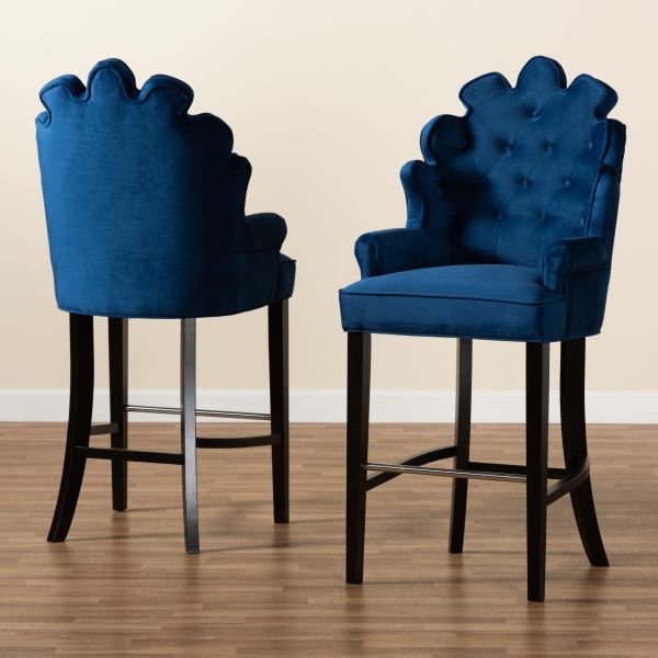 Chloe Modern and Contemporary Navy Blue Velvet Upholstered and Dark Brown Finished Wood 2-Piece Bar Stool Set