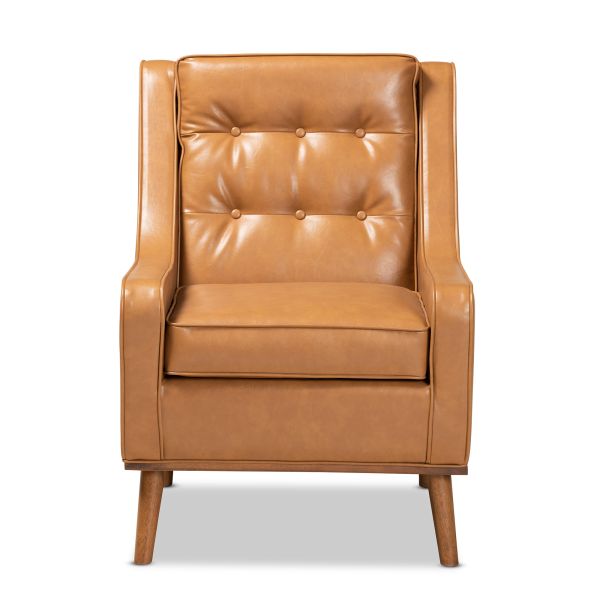 Daley Modern and Contemporary Tan Faux Leather Upholstered and Walnut Brown Finished Wood Lounge Armchair
