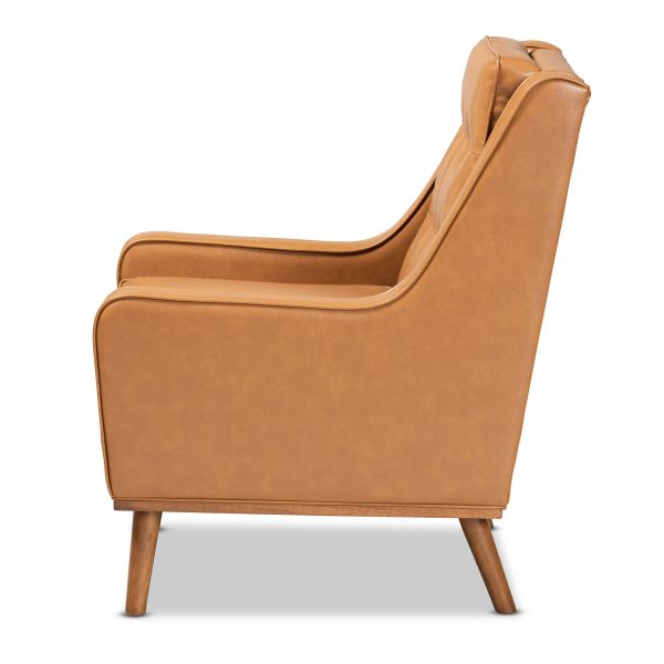 Daley Modern and Contemporary Tan Faux Leather Upholstered and Walnut Brown Finished Wood Lounge Armchair