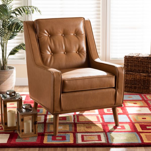 Daley Modern and Contemporary Tan Faux Leather Upholstered and Walnut Brown Finished Wood Lounge Armchair