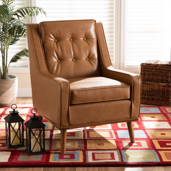 Daley Modern and Contemporary Tan Faux Leather Upholstered and Walnut Brown Finished Wood Lounge Armchair