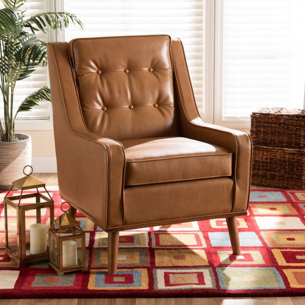 Daley Modern and Contemporary Tan Faux Leather Upholstered and Walnut Brown Finished Wood Lounge Armchair